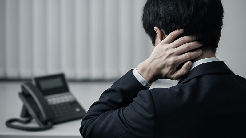 職場環境にモヤモヤしている若手社員のイメージ画像。固定電話をみつめている。